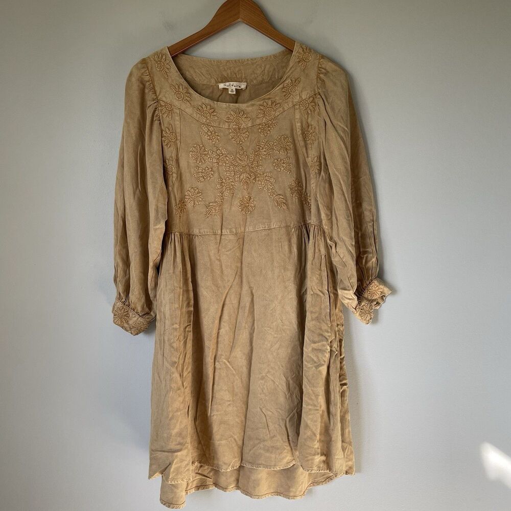 Solitaire Embroidered Boho Cottagecore Mini Dress 100% Rayon Brown Tan Women's M
